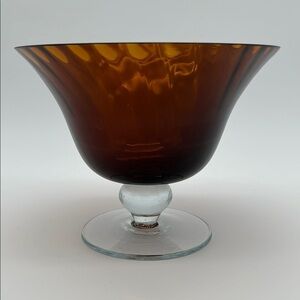 Vintage FTD Amber Brown Swirl Art Glass Pedestal Bowl Serving Piece